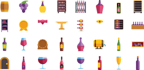 Winemaking icons showcasing equipment, process, and final product, from grape to glass, celebrating the art of wine production