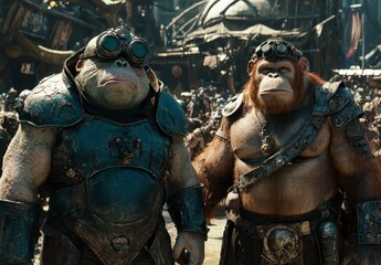 Naklejka premium Two anthropomorphic apes, one in dark armor and goggles, the other in brown attire, stand amidst a bustling crowd in a dark, gritty urban setting