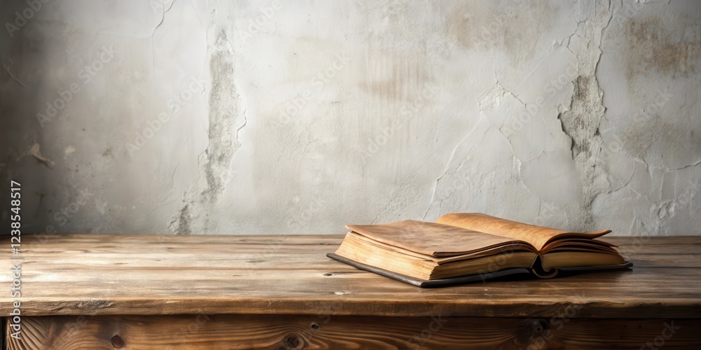Poster An aged book rests open on a rustic wooden table against a textured wall background
