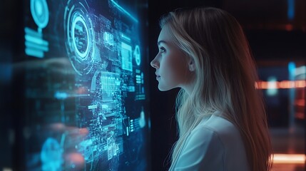 Exploring ai technology a young woman analyzing data in a futuristic lab environment close-up perspective