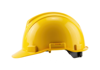 Yellow safety hard hat isolated on white background, side view, no depth of field, sharp.