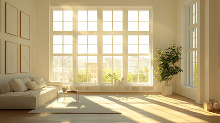 Fototapeta premium A minimalist living room with sunlight filtering through large windows, illuminating soft neutral tones and clean furniture, enhancing the sense of calm and order. 