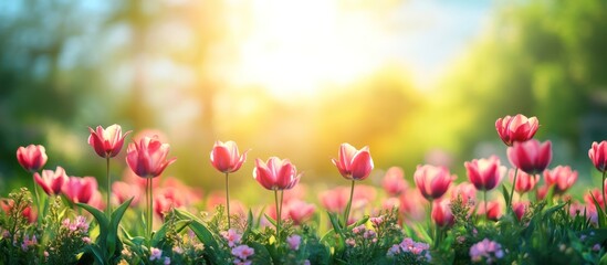 Obraz premium Pink tulips sunrise garden spring bloom
