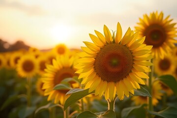 A row of sunflowers bending towards the sunlight in an arrow shape.