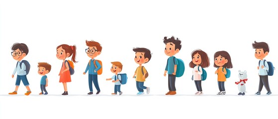 Childrens growth stages illustrated with focus on physical, emotional, intellectual milestones, academic achievements, and evolving social interactions across different age ranges