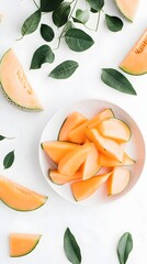 Sliced cantaloupe arranged with green leaves on a white background.