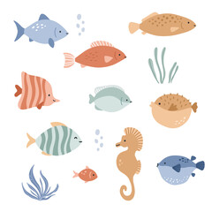 A fun and colorful vector collection of various sea creatures, including fish, seahorses, pufferfish, and aquatic plants in a playful and cartoonish style.