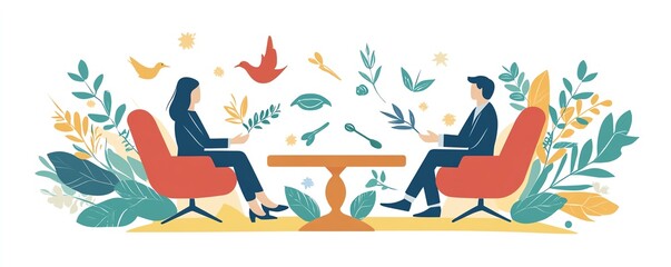 Conflict resolution scene with a mediation table, two parties negotiating with peaceful symbols like olive branches and dove, illustrating the process of finding solutions