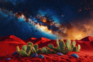 Red desert landscape under a vibrant Milky Way galaxy, cacti silhouetted against the cosmic backdrop.