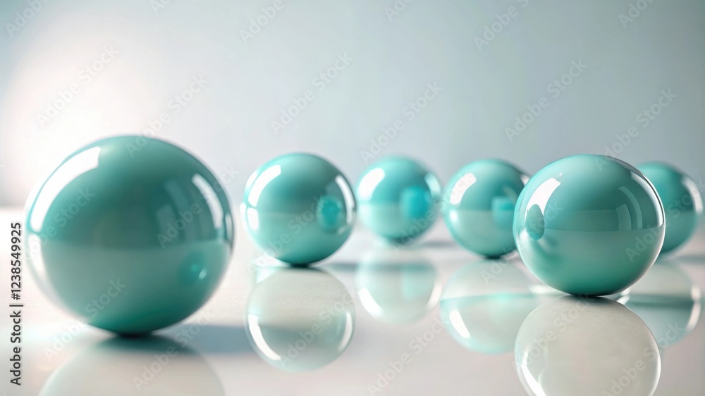 Aufkleber aqua spheres arranged in a row reflecting light on a smooth surface
