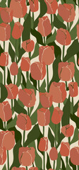 Groovy floral seamless pattern. Retro cute orange tulips on beige background. Abstract floral vintage print.
