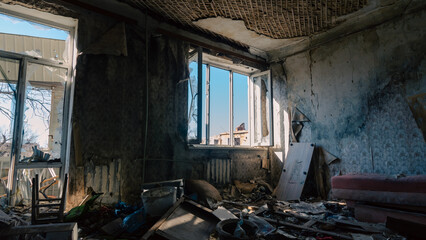 abandoned destroyed houses in a city without people during the war in Russia Kursk