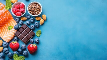 Heart-healthy foods - A combination of salmon, walnuts, dark chocolate, blueberries, and flaxseeds, isolated on a deep blue background with copy space