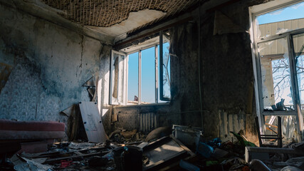 abandoned destroyed houses in a city without people during the war in Russia Kursk
