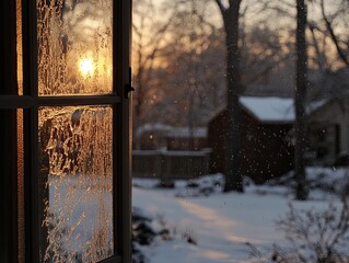 Golden hour view through a frosted window with snowy outdoor scene