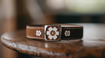 Brown suede bracelet with flower detail on wooden surface