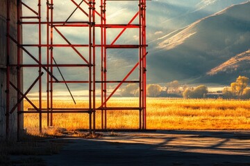 Red scaffolding frames a sunlit autumn landscape of golden fields and distant mountains.