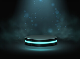 Vector abstract illustration. Neon light glow podium with light spot from above and sparkles around on dark background. 