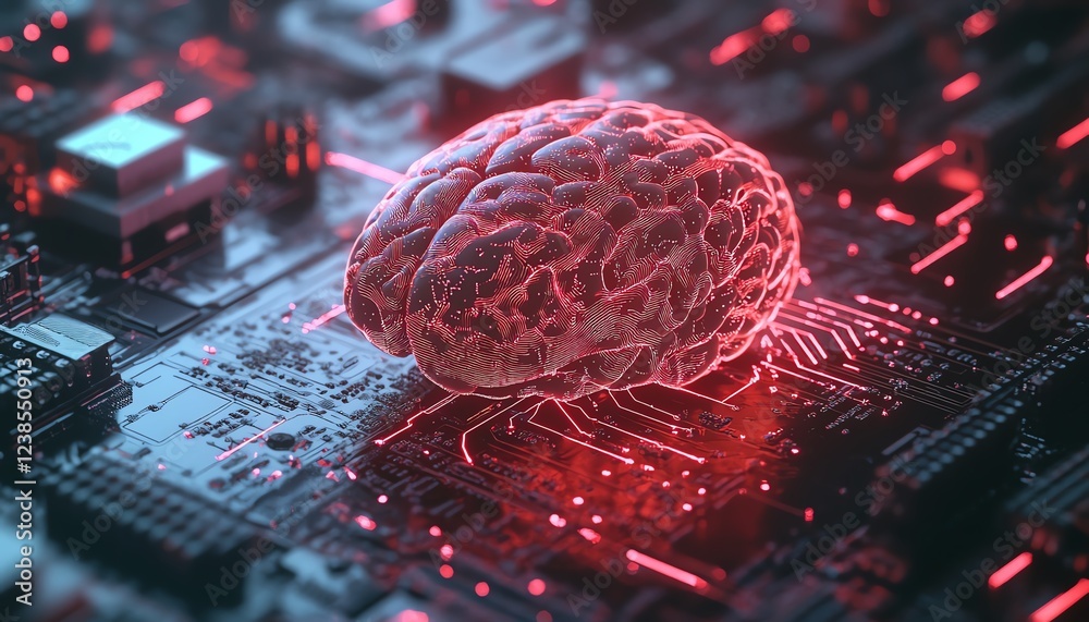 Poster human brain with glowing neural pathways emerging from a processor