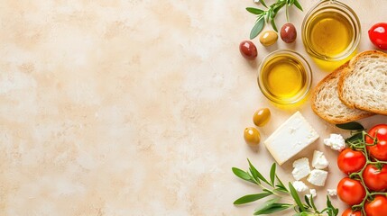Mediterranean diet essentials - Olive oil, whole grain bread, feta cheese, tomatoes, olives, and grilled fish, isolated on a rustic beige background with copy space