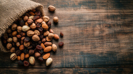 vibrant composition of mixed nuts and dried fruits spilling from burlap sack onto rustic wooden surface, creating warm and inviting atmosphere