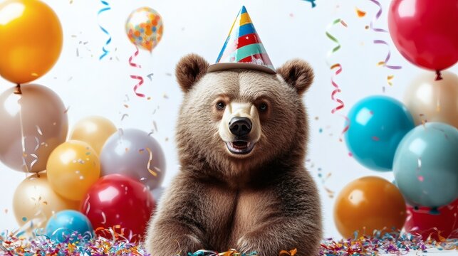 Joyful Brown Bear Celebrates with Balloons and Confetti