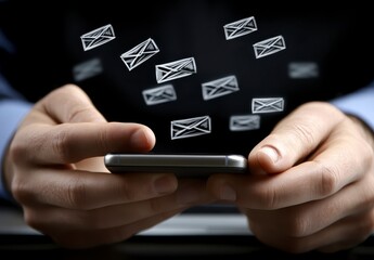 Close up of hands holding a smartphone with email icons floating above, suggesting communication and digital connectivity. Dark background emphasizes