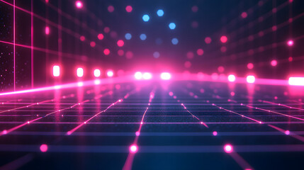 Fototapeta premium Bright neon lights illuminate a grid pattern on a dark surface, creating a futuristic atmosphere