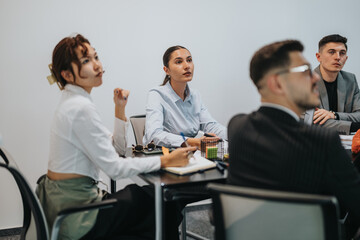 A diverse group of business people engaged in a meeting. They are seated at a table, attentively listening and taking notes. The setting is a modern office environment.