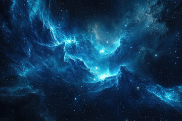 Cosmic scene of vast blue nebulous structures floating in space.
