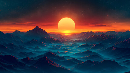 A breathtaking sunset illuminates the mountain peaks with vivid colors and an ethereal glow