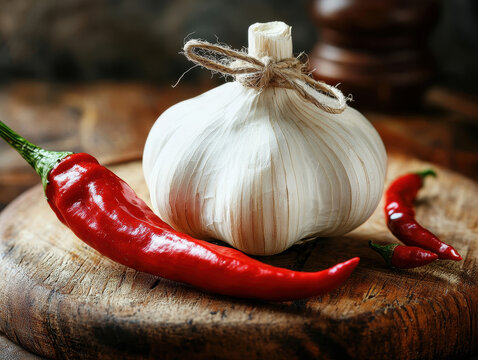 Fresh garlic and red chili pepper elegantly tied with twine create a rustic culinary display on a wooden cutting board