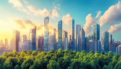 Obraz premium Modern ecocity with sustainable architecture, energyefficient buildings, solar energy systems, and green spaces, representing a future of ESGdriven urban development and innovation