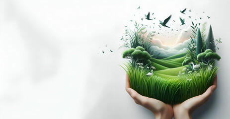 The photo shows a pair of hands holding a green planet with a tree growing on it | Premium AI-generated image
