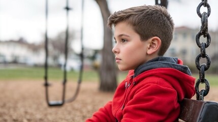 Thoughtful boy on playground swing. Represents childhood reflection, emotional development, and growing up themes.