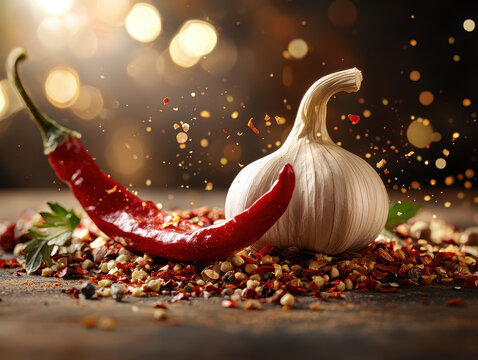 Bright red chili pepper and garlic clove create a bold and spicy culinary atmosphere with a smoky backdrop enhancing their vivid colors and textures