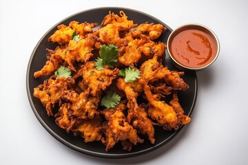 Delicious homemade pakoras garnished with herbs presented on an elegant white plate for authentic indian cuisine lovers