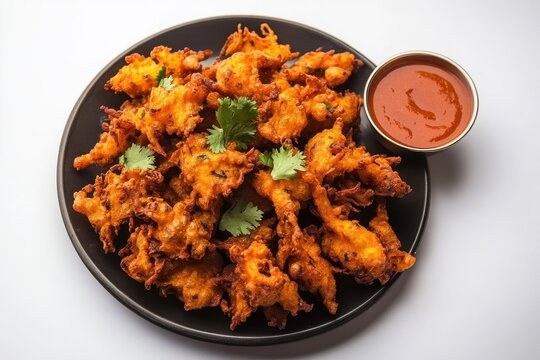 Delicious homemade pakoras garnished with herbs presented on an elegant white plate for authentic indian cuisine lovers