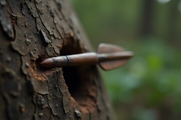 A close-up of an ancient arrow embedded in a tree trunk.