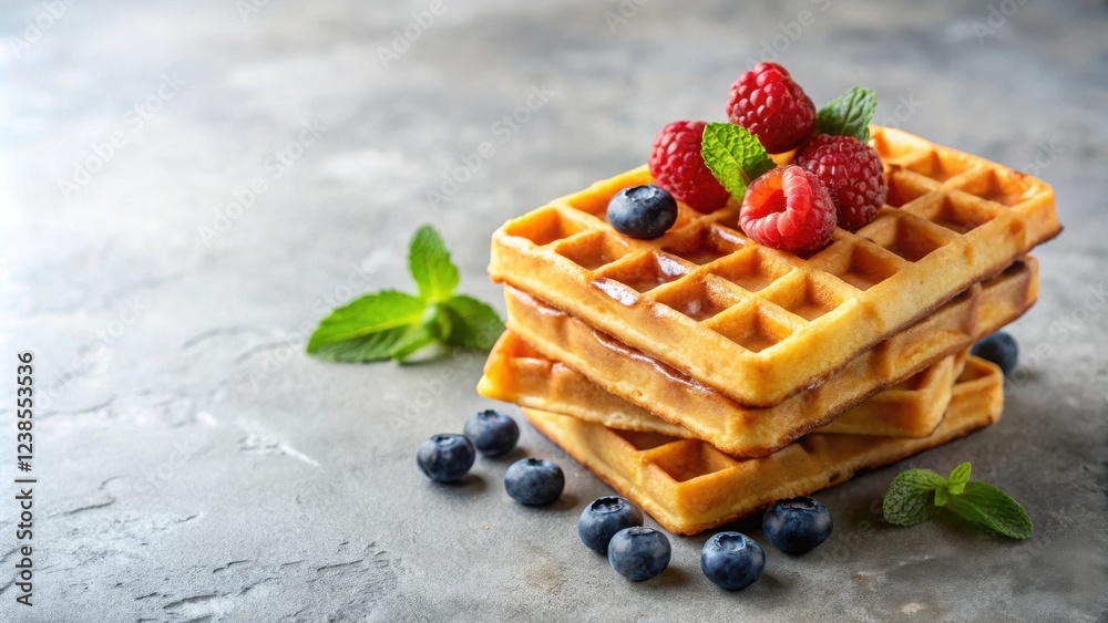 Poster a stack of golden waffles topped with fresh raspberries and blueberries, garnished with mint leaves 