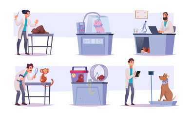 Experiments on animals. Different scientists making experiments in laboratory indoor exact vector illustrations set