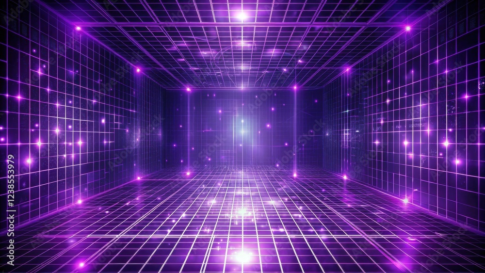 Aufkleber abstract purple gridded room with glowing lights and data streams