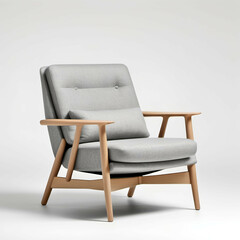 Scandinavian Lounge Chair: A sleek, modern lounge chair with light oak legs and soft gray wool upholstery, showcased on a white background.