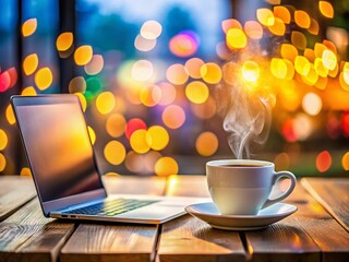 Coffee Boost: Laptop and Coffee Cup with Bokeh Background - Stock Photo