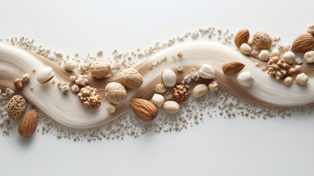 Mixed nuts forming wave like pattern on pure white background, showcasing variety of textures and colors. This artistic arrangement creates visually appealing and harmonious display