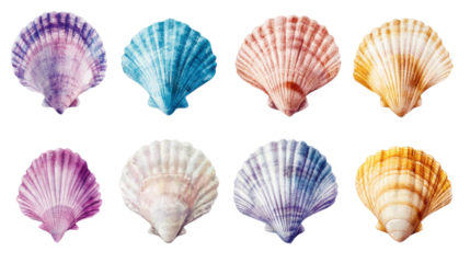 Colorful scallop seashells isolated on transparent background