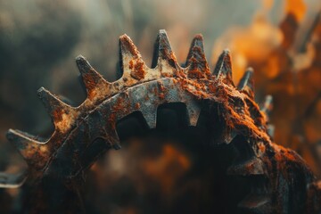 Close-up of a rusty, weathered gear, showing texture and age.