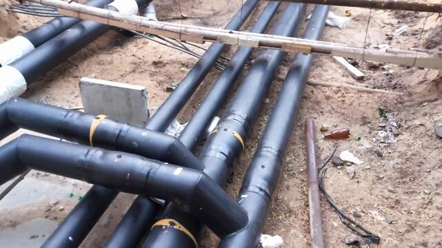 Replacing old underground hot water heating pipes with new ones. Excavation of the earth and repair of the heating main, industry