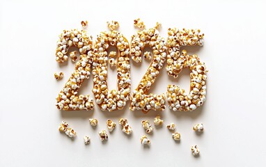 2025 Shaped from Crunchy Popcorn with Caramel Drizzle Isolated on a White Background