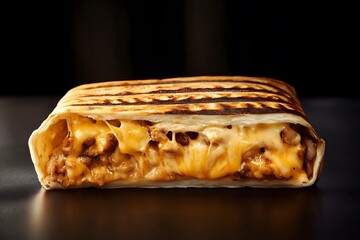 A french taco with melted cheddar cheese, beef and french fries